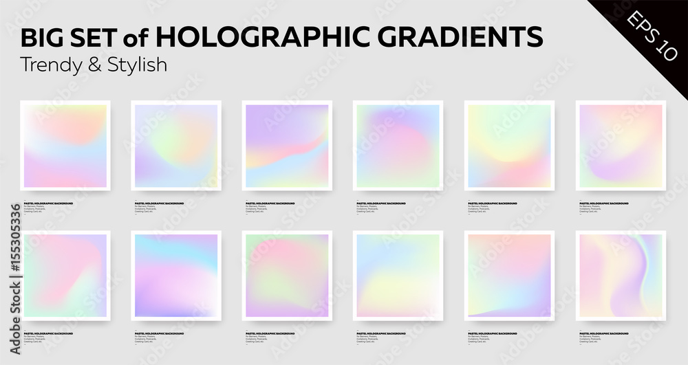 Big Set of Trendy Pastel Holographic Backgrounds. - obrazy, fototapety, plakaty 
