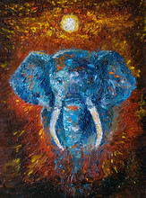 Oil Art On Canvas Of African Elephant And Sunset