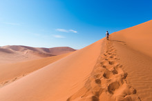 Tourist Walking On The Scenic Dunes Of Sossusvlei, Namib Desert, Namib Naukluft National Park, Namibia. Afternoon Light. Adventure And Exploration In Africa.