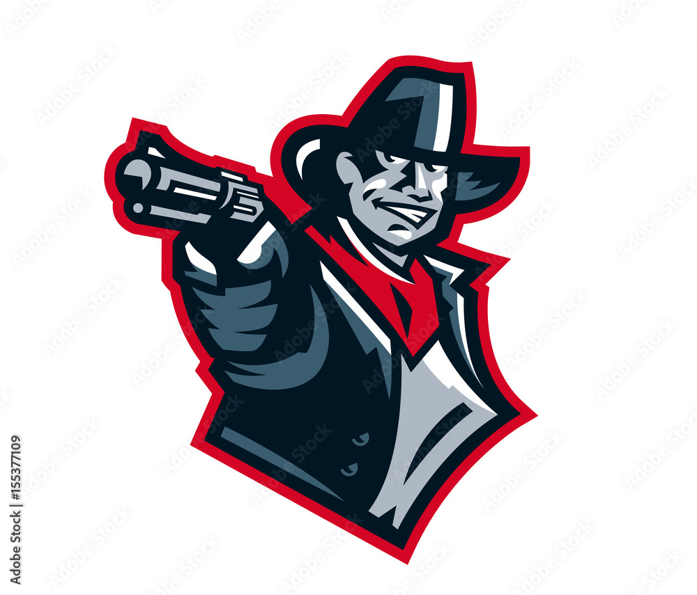 Logo cowboy shooting from a revolver. Wild west, bandits, sheriff, crime.  Mascot, sticker, emblem. Sports identity, vector illustration. Stock Vector  | Adobe Stock, image size:1000x855