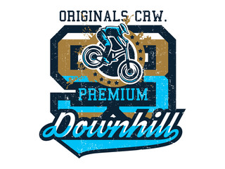 Wall Mural - Vector illustration on the theme of mountain bike, cyclist performing a trick on a bicycle, downhill, freeride. Grunge effect, text, inscription. Typography, T-shirt graphics, print, banner, poster