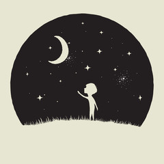 Wall Mural - little kid boy looks to crescent moon