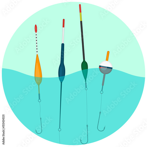 Fotografie, Obraz Set of colorful bobbers swimming in water in round button.