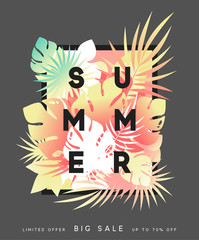Wall Mural - hello summer banner tropical background. summer season, design poster with bright colors leaves