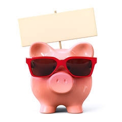 Canvas Print - piggy bank with red sunglasses and signboard