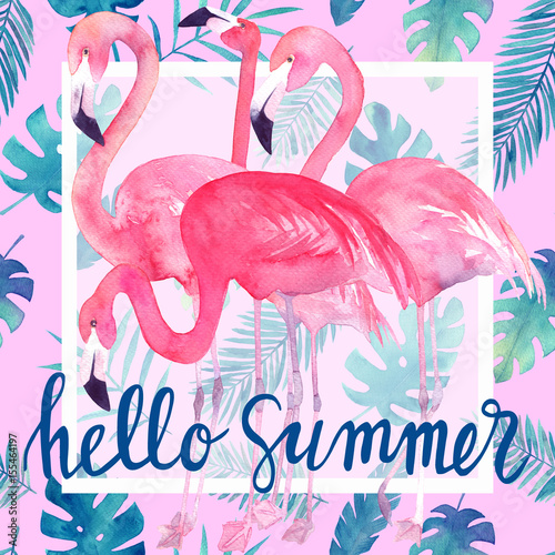 Watercolor tropic card with pink flamingo and blue leaves