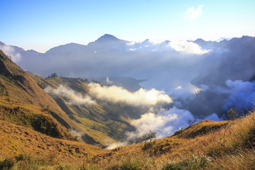 Wall Mural - Cloudy and mist in Mountain Rinjani, active volcano at Lombok island of Indonesia