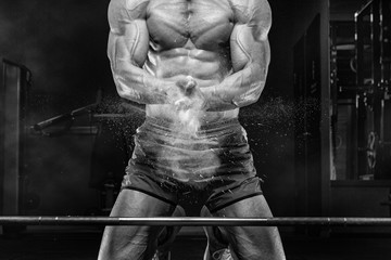 Wall Mural - Handsome man with big muscles, posing at the camera in the gym