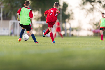 Wall Mural - Kids soccer football - children players match on soccer field