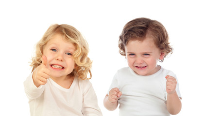 Sticker - Two happy small children saying Ok and laughing