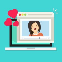 Poster - Online remote dating concept on laptop video communication app vector illustration, flat cartoon distance relationship internet video call chat with love happy girlfriend