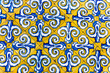 Colorful Vintage Style Ceramic Tile Pattern Texture and Background. Yellow, Blue and White Tiles for Floors and Walls.