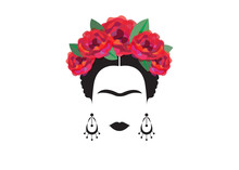 Portrait Of Mexican Or Spanish Woman Minimalist Frida With Earrings  And Red Flowers, Vector Isolated