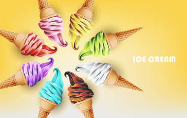 Colorful ice cream cone in form of circle, different flavors such as strawberry, peppermint, lemon, mango, blueberry, chocolate and milk, clipping mask crop, Vector illustration