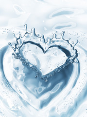 Wall Mural - Heart from water splash with bubbles on blue water background