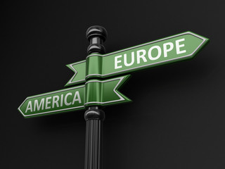 Poster - Europe and America pointers on signpost. Image with clipping path 