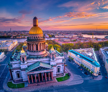 Saint Isaac's Cathedral. St. Petersburg. View From Issakievskaya Square. The City Is In The Sunshine. Sunrise.