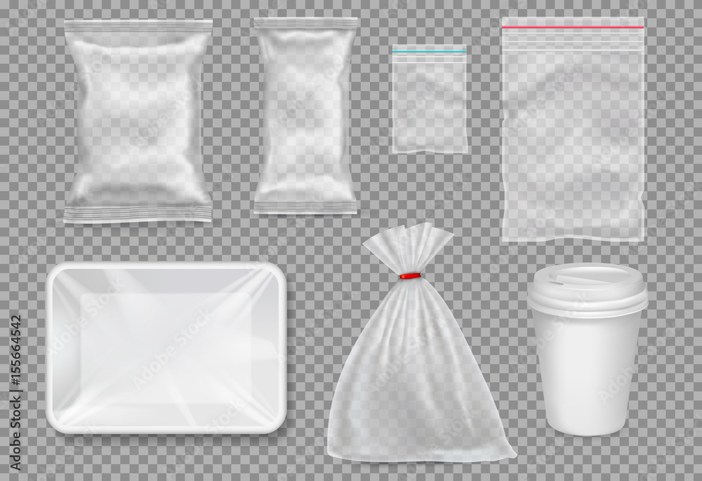 Big set of plastic packaging - sacks, tray, cup. Vector. - obrazy, fototapety, plakaty 