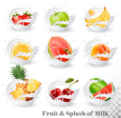 Wall Mural - Big collection of fruit in a milk splash. Pineapple, cherry, banana, apple, watermelon, peach, guava, strawberry, orange. Vector Set 14.