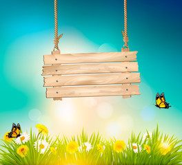 Poster - Summer nature background with green grass and wooden sign. Vector