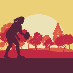 Wall Mural - Rugby woman player vector background landscape with forest trees