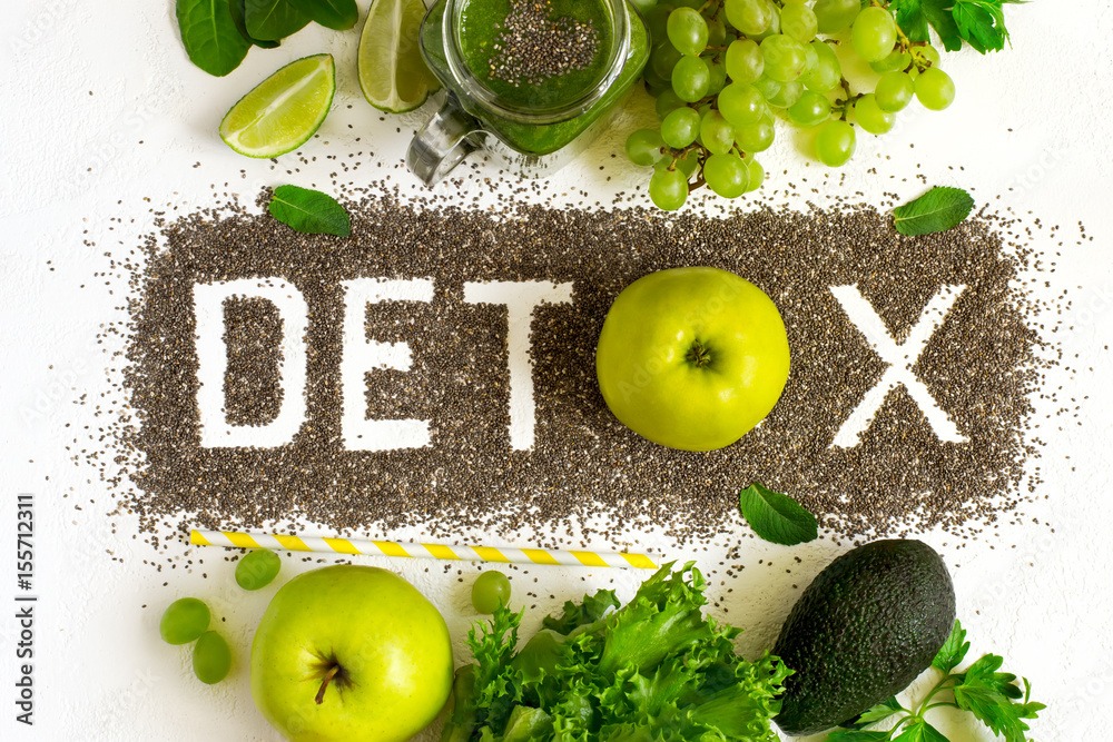 Word detox is made from chia seeds. Green smoothies and ingredie - obrazy, fototapety, plakaty 