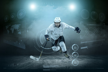 Ice hockey player on the ice around modern light