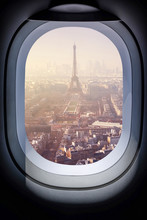 .Beautiful Eiffel Tower Paris Cityscape From Airplane Window