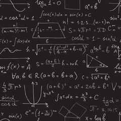 Vector seamless math pattern. Chalk mathematical symbols on black blackboard.