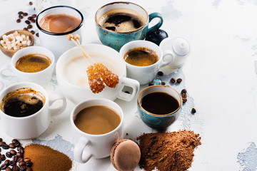 Variety of coffee in porcelain cups