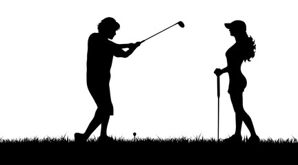 Sticker - Vector silhouette of couple who play golf on white background.