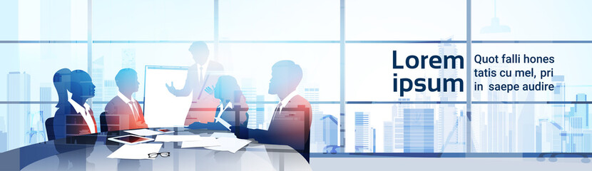 Poster - silhouette business people team with flip chart seminar training conference brainstorming presentati
