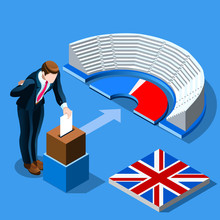 UK Election Voting Concept English Man Putting Paper In The Isometric Ballot Box. 3D Flat Isometric People Vector Infographic Design
