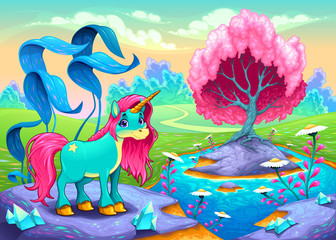 Poster - Happy unicorn in a landscape of dreams