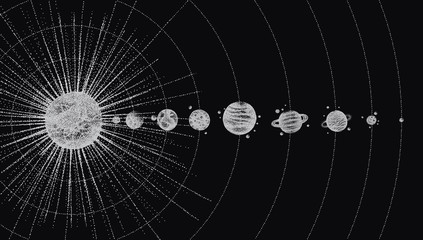 Wall Mural - solar system in dotwork style. planets in orbit. vintage hand drawn illustration