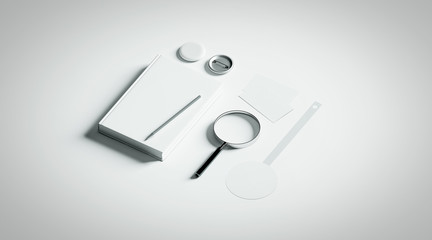 Fototapete - Book presentation design mockup elements, 3d rendering. Blank objects mock ups, bookish store presenting template. Bookshop branding identity set. Empty wobbler, business cards, pin, textbook.
