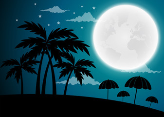 Full moon twilight with dark palms silhouettes, vector background