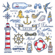 Sailor hand drawn elements. Nautical illustrations: lighthouse, sea waves, captain objects, seashells