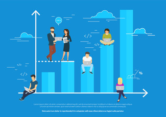 Wall Mural - Business graph growth concept vector illustration of professional people working as team and sitting on blue growing chart. Flat people using laptops to develop business. Blue business background