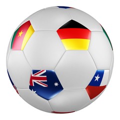 Confederations Cup 2017.  Group B. Soccer ball with flags of Germany, Australia, Chile, Cameroon on white screen. 3D rendering.