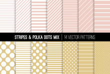 Blush Pink And Soft Gold Polka Dots And Stripes Seamless Vector Patterns. Modern Subtle Backgrounds. Various Thickness Diagonal & Horizontal Lines, Tiny & Jumbo Spots. Pattern Tile Swatches Included.