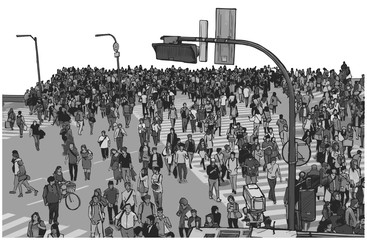 Stylized illustration of busy street crossing with mixed ethnic crowd in high detail