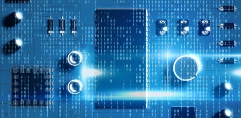 Poster - composite image of blue technology interface with binary code