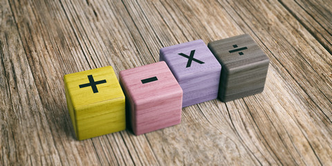 Math symbols on wooden blocks. 3d illustration