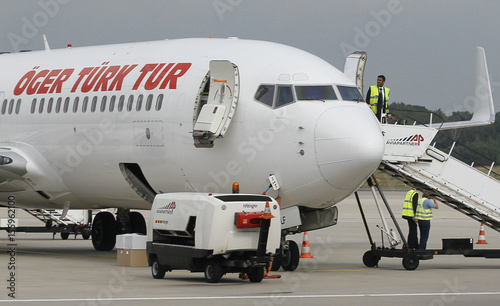 An Aircraft Of The Oeger Tuerk Tur Airlines Stands On The Tarmac