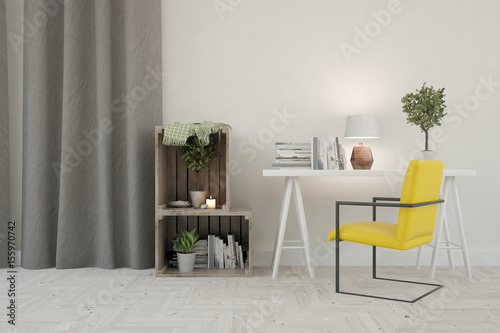 White Modern Work Room Scandinavian Interior Design 3d