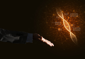 Science medicine and technology concepts as DNA molecule on dark background with connection lines