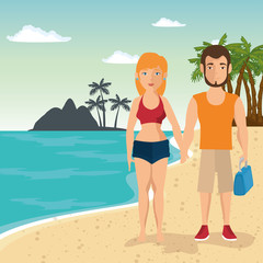 Poster - Couple in swimsuit over beach landscape background. Vector illustration.