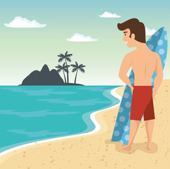 Poster - Man in swimsuit with surf board and island silhouette over beach landscape background. Vector illustration.