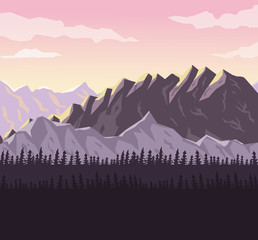 Poster - realistic sunset landscape background of snowy mountains vector illustration